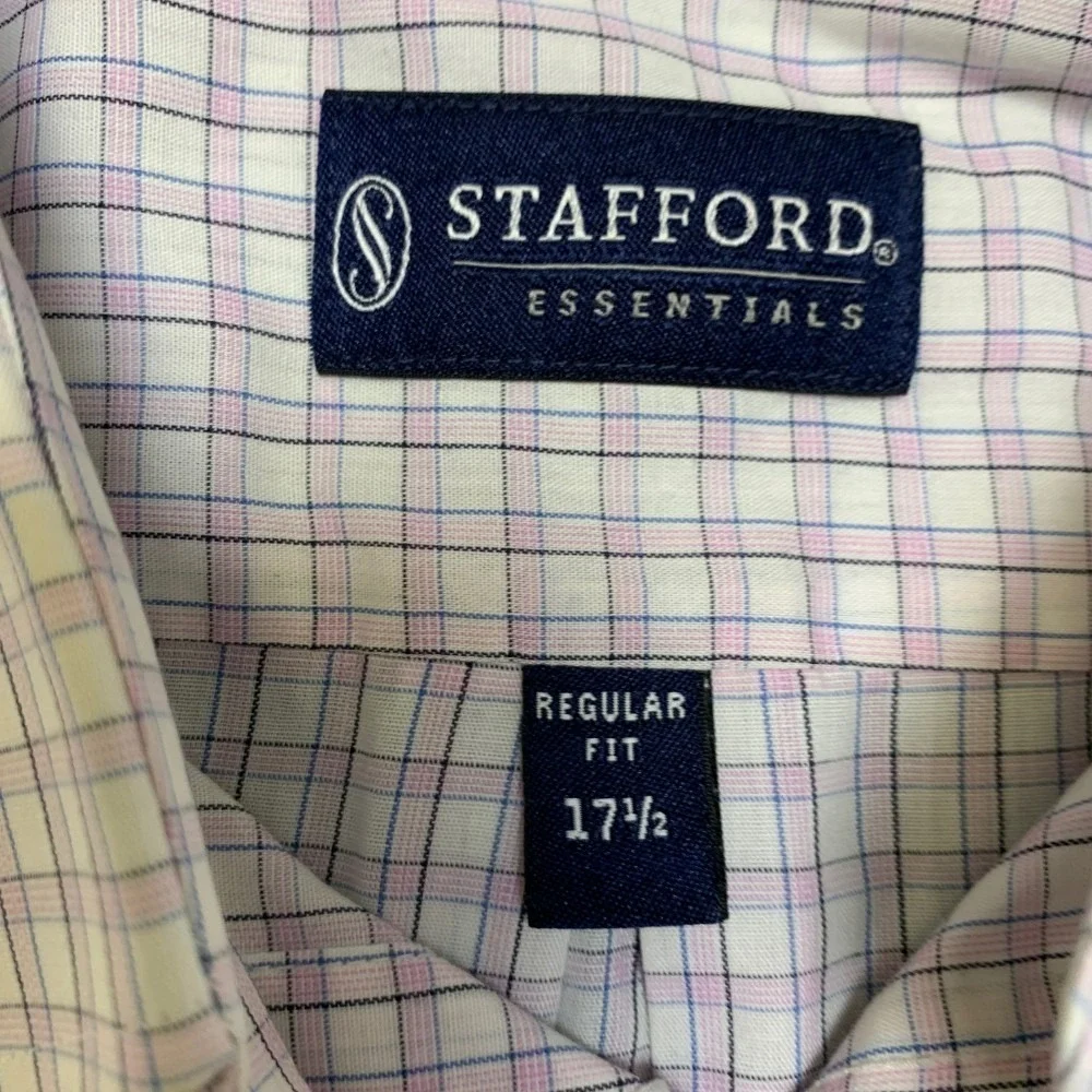 Stafford Essentials Dress Shirt Mens 17.5 Multicolor Plaid Regular Fit Business